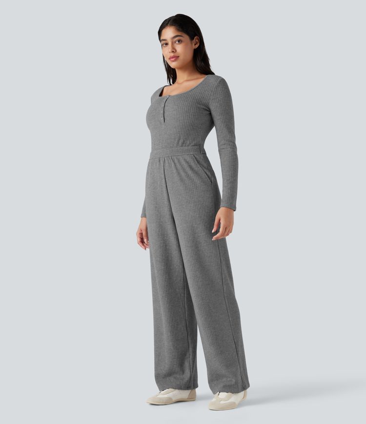 Ribbed Henley Long Sleeve Casual Jumpsuit with Pockets-Easy Peezy