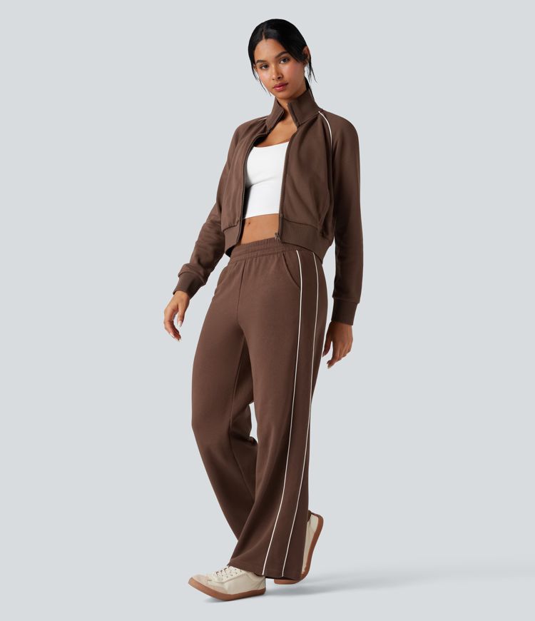 Mid Rise Drawstring Straight Leg Color Block Casual Cotton Pants with Pockets