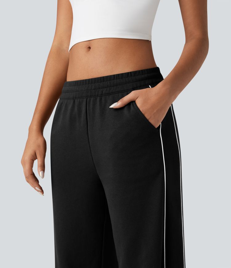 Pantaloni casual in cotone a blocchi di colore, vita media con coulisse, gamba dritta e tasche.