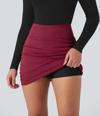 High Waisted 2-in-1 Houndstooth Bodycon Mini Casual Skirt with Pocket
