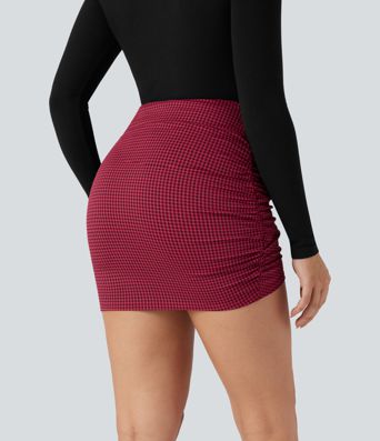 High Waisted 2-in-1 Houndstooth Bodycon Mini Casual Skirt with Pocket
