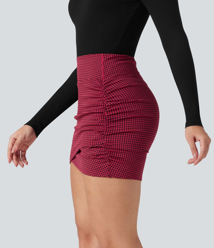 High Waisted 2-in-1 Houndstooth Bodycon Mini Casual Skirt with Pocket