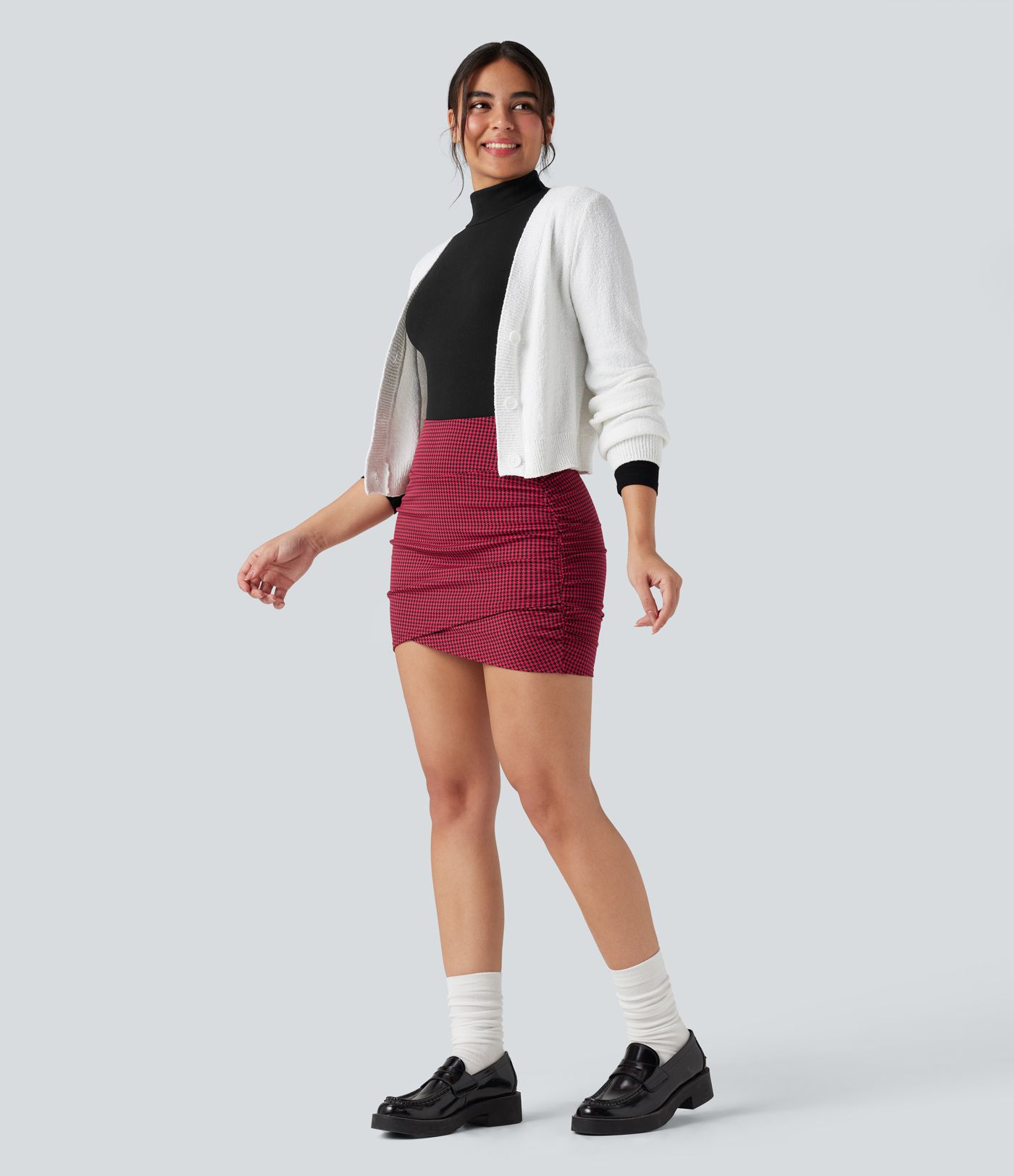 High Waisted 2-in-1 Houndstooth Bodycon Mini Casual Skirt with Pocket