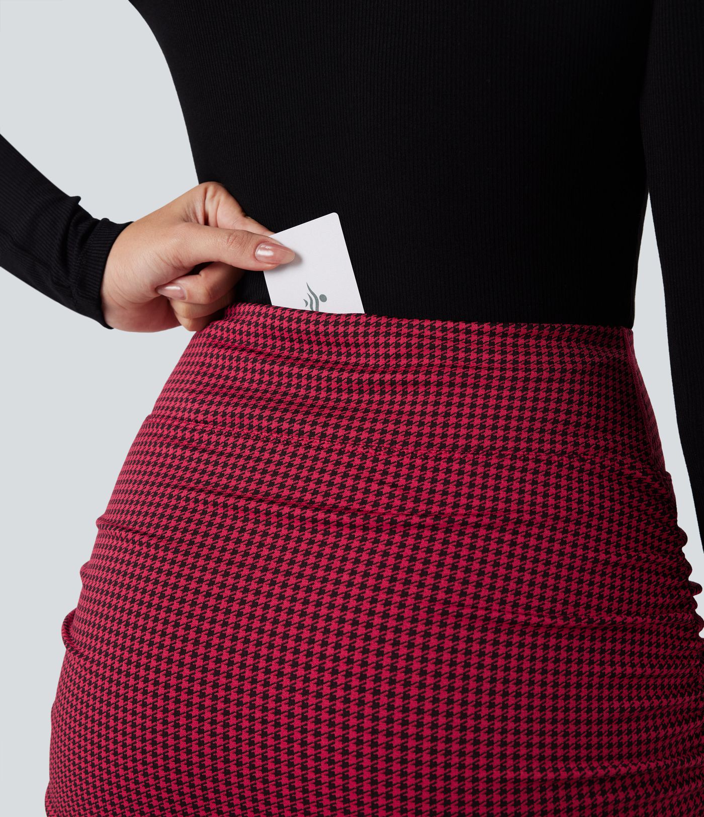 High Waisted 2-in-1 Houndstooth Bodycon Mini Casual Skirt with Pocket