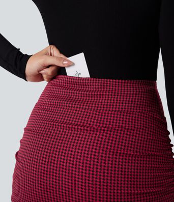 High Waisted 2-in-1 Houndstooth Bodycon Mini Casual Skirt with Pocket