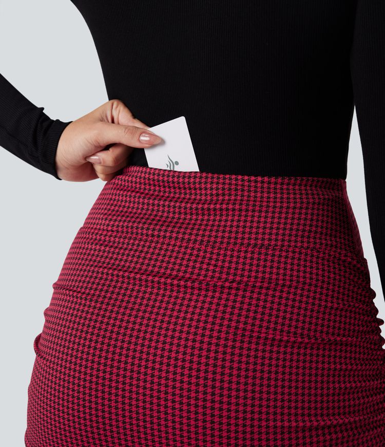 High Waisted 2-in-1 Houndstooth Bodycon Mini Casual Skirt with Pocket