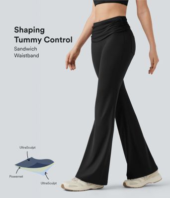 Halara UltraSculpt™ SoCinched Faltbarer Mid Rise Geraffter Bauchkontroll-Tanzbootcut-Leggings mit Taschen