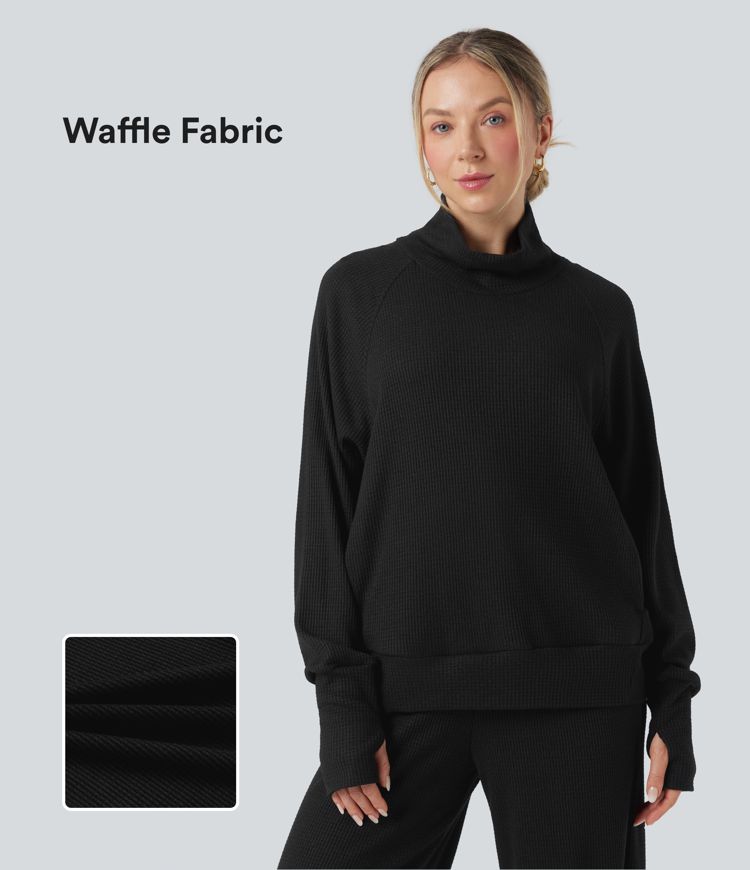 High-neck Long Sleeve Thumb Holes Oversized Waffle Casual Sweatshirt with Pockets