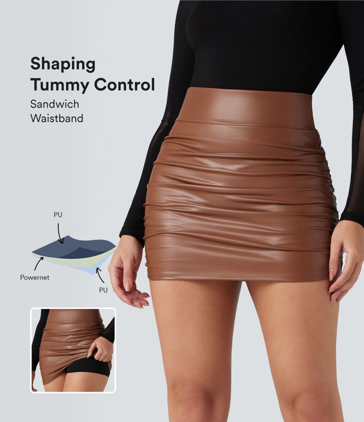 SoCinched High Waisted Tummy Control Ruched Curved Hem 2-in-1 Fleece PU Mini Bodycon Skirt