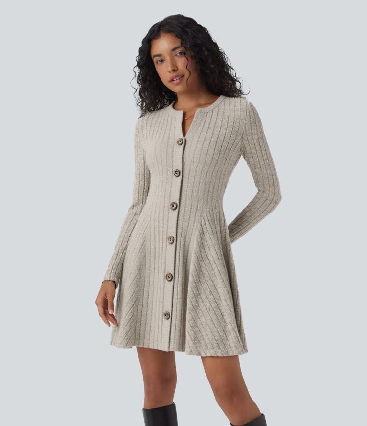 Ribbed Knit Round Neck Long Sleeve Button Fly Flare Mini Casual Dress