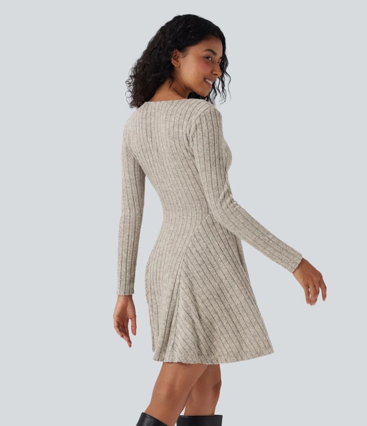 Ribbed Knit Round Neck Long Sleeve Button Fly Flare Mini Casual Dress