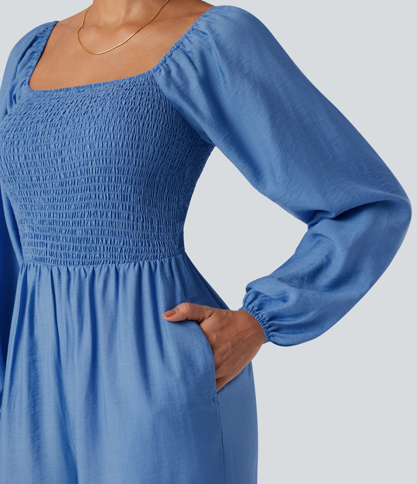 Square Neck Puff Long Sleeve Casual Jumpsuit with Pockets