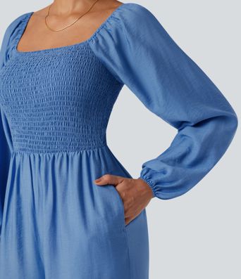 Square Neck Puff Long Sleeve Casual Jumpsuit with Pockets