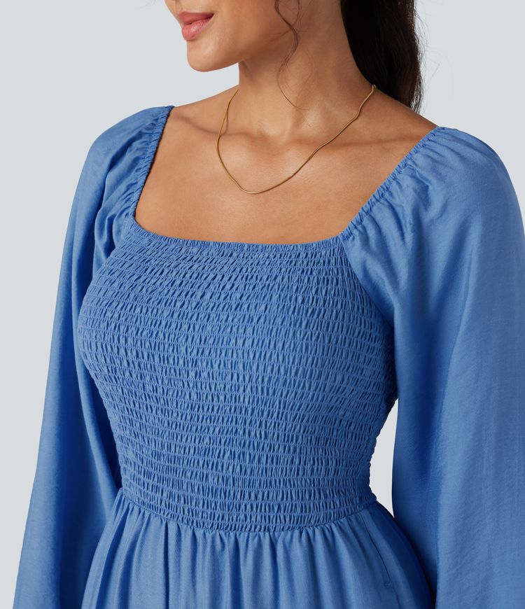 Square Neck Puff Long Sleeve Casual Jumpsuit with Pockets