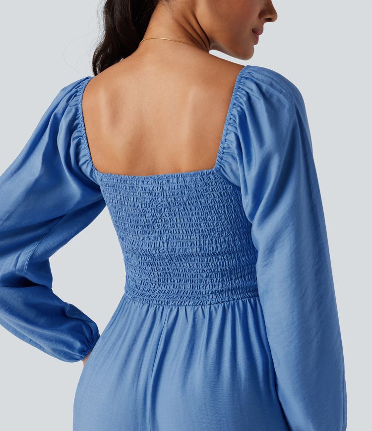 Square Neck Puff Long Sleeve Casual Jumpsuit with Pockets