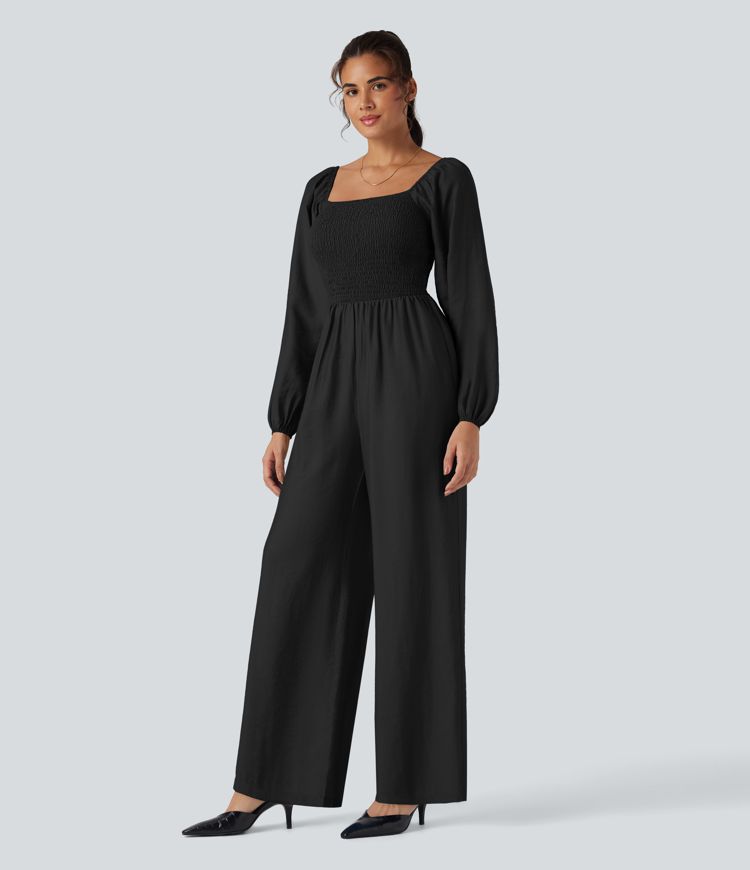 Square Neck Puff Long Sleeve Casual Jumpsuit with Pockets