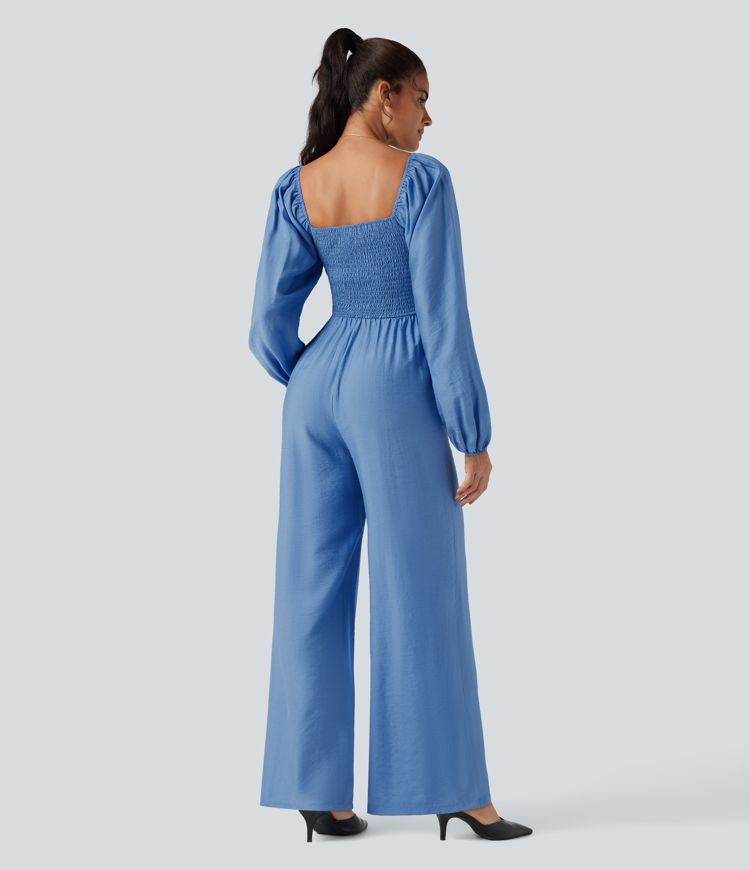Square Neck Puff Long Sleeve Casual Jumpsuit with Pockets