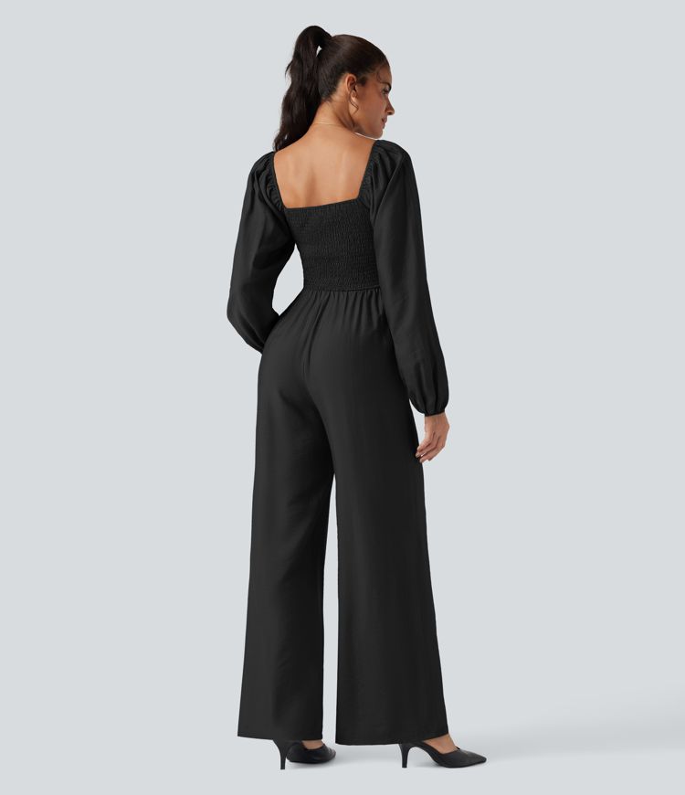 Square Neck Puff Long Sleeve Casual Jumpsuit with Pockets