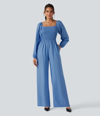 Square Neck Puff Long Sleeve Casual Jumpsuit with Pockets