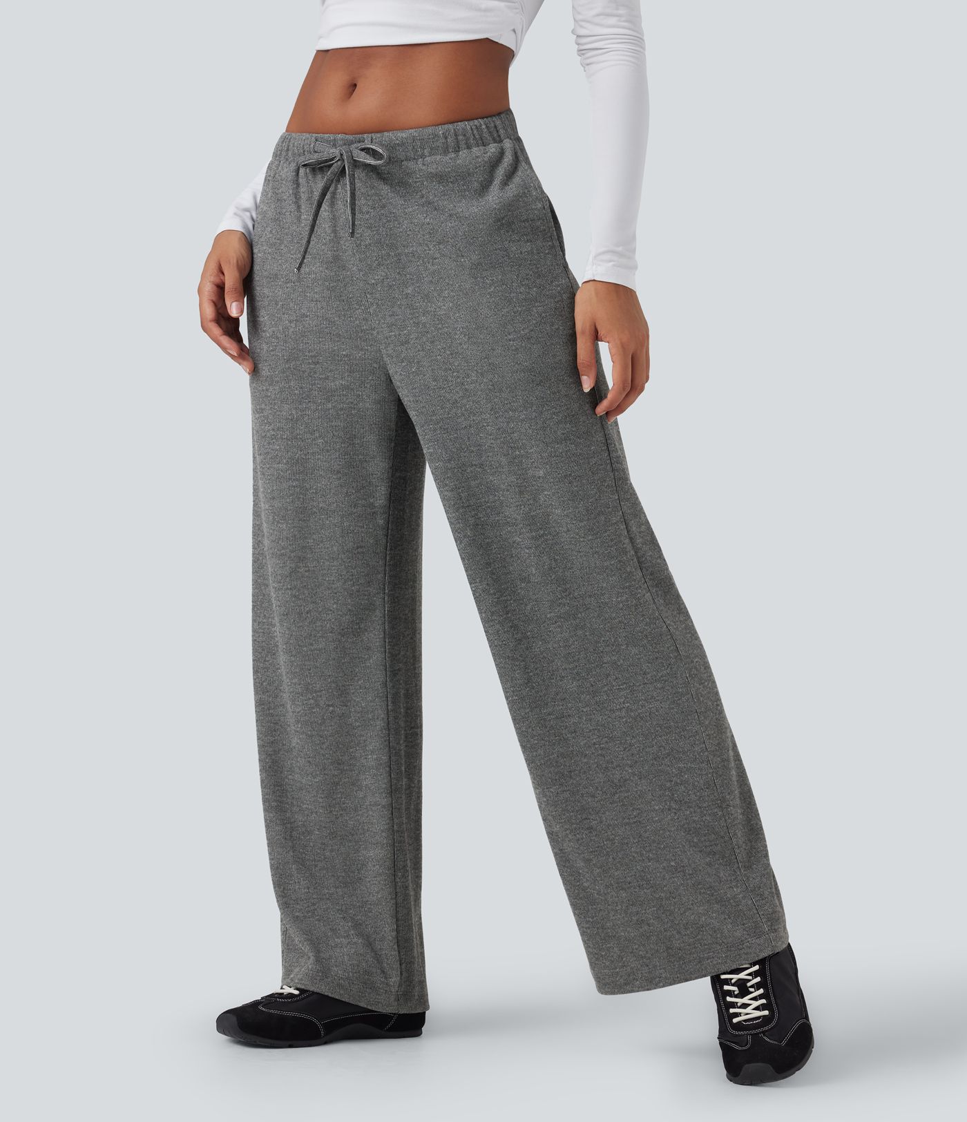 Ribbed Knit Low Rise Drawstring Casual Baggy Pants with Pockets