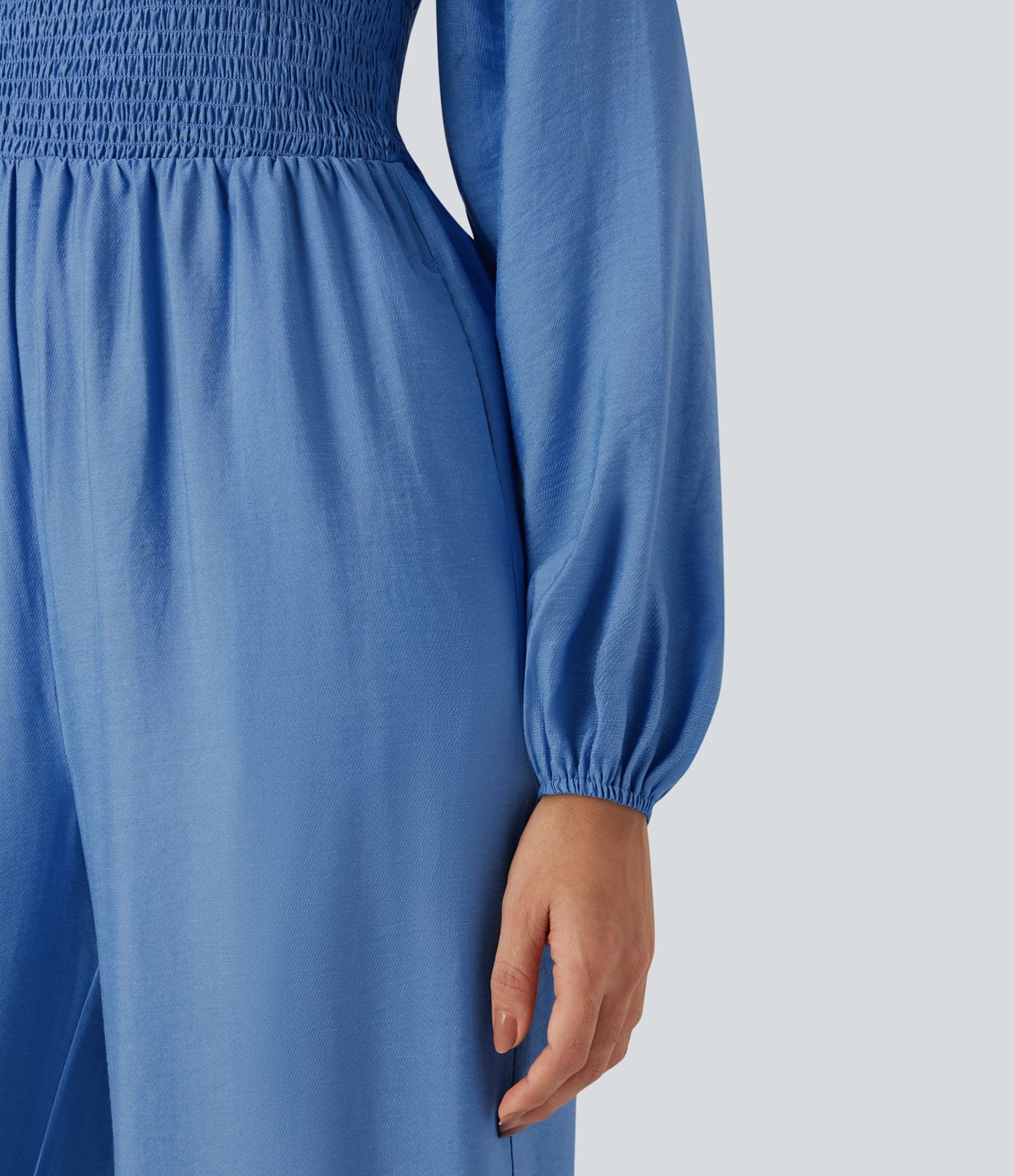 Square Neck Puff Long Sleeve Casual Jumpsuit with Pockets