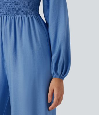 Square Neck Puff Long Sleeve Casual Jumpsuit with Pockets