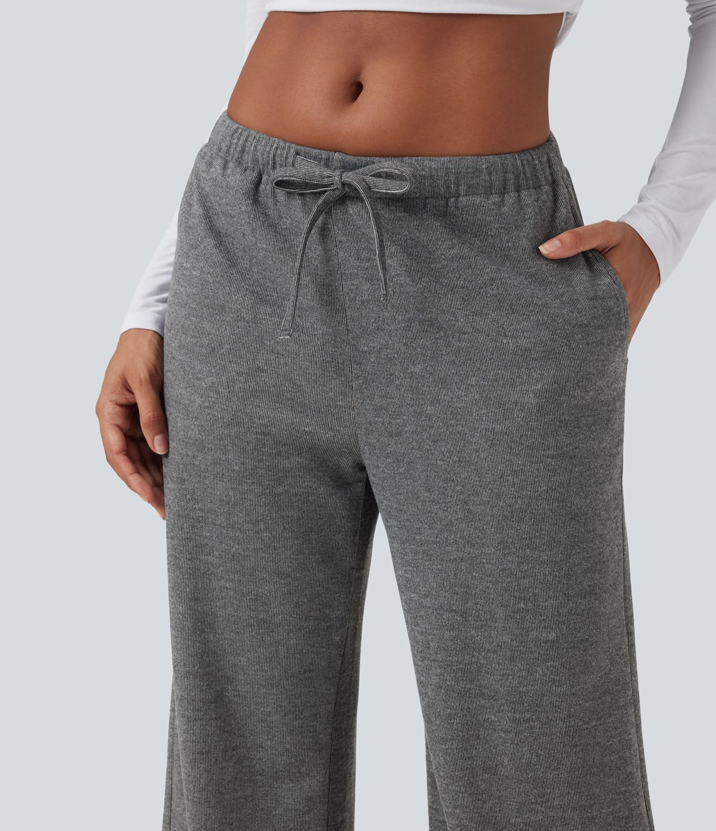 Ribbed Knit Low Rise Drawstring Casual Baggy Pants with Pockets