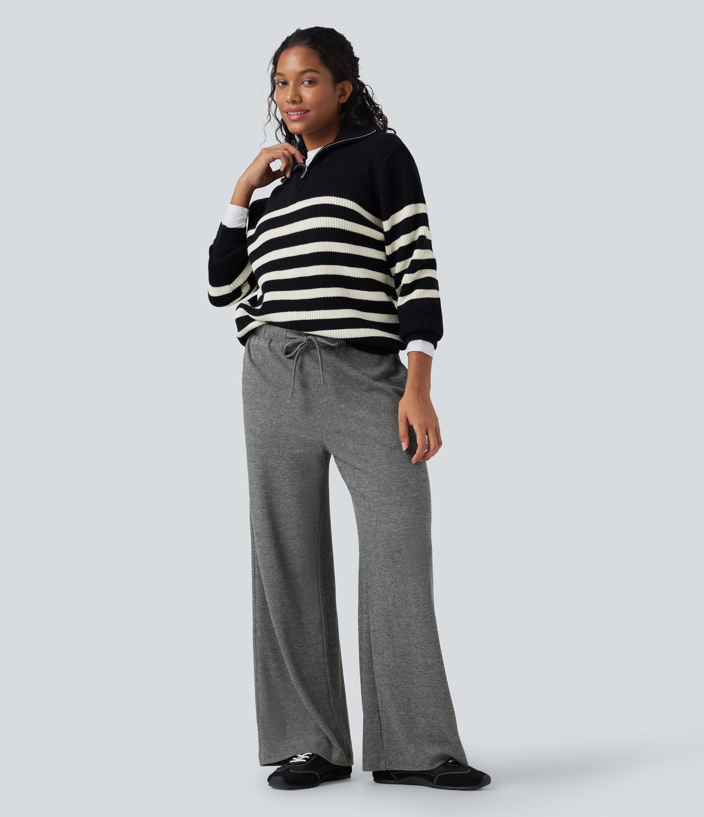 Ribbed Knit Low Rise Drawstring Casual Baggy Pants with Pockets