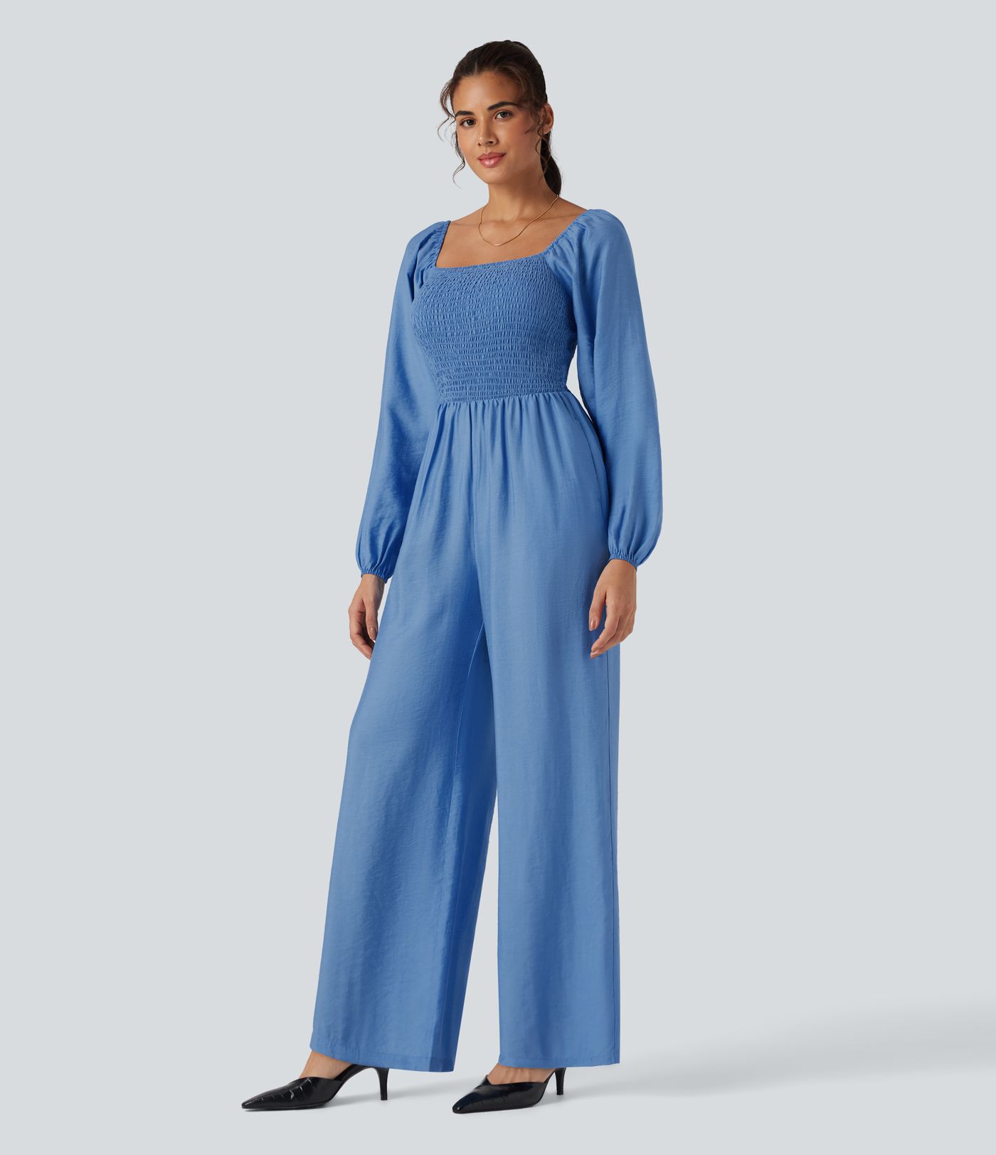 Square Neck Puff Long Sleeve Casual Jumpsuit with Pockets