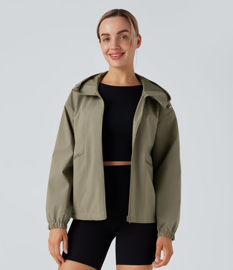 Veste randonnée à capuche déperlante avec cordon de serrage ajustable et poches