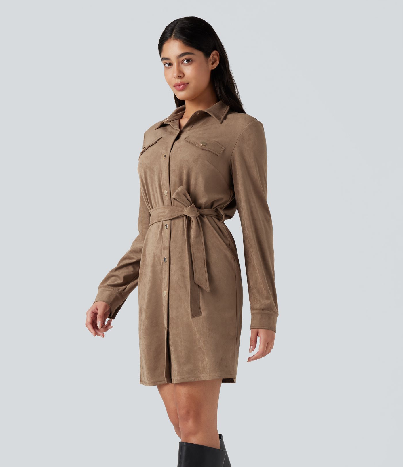 Long Sleeve Belted Suede Mini Casual Shirt Dress