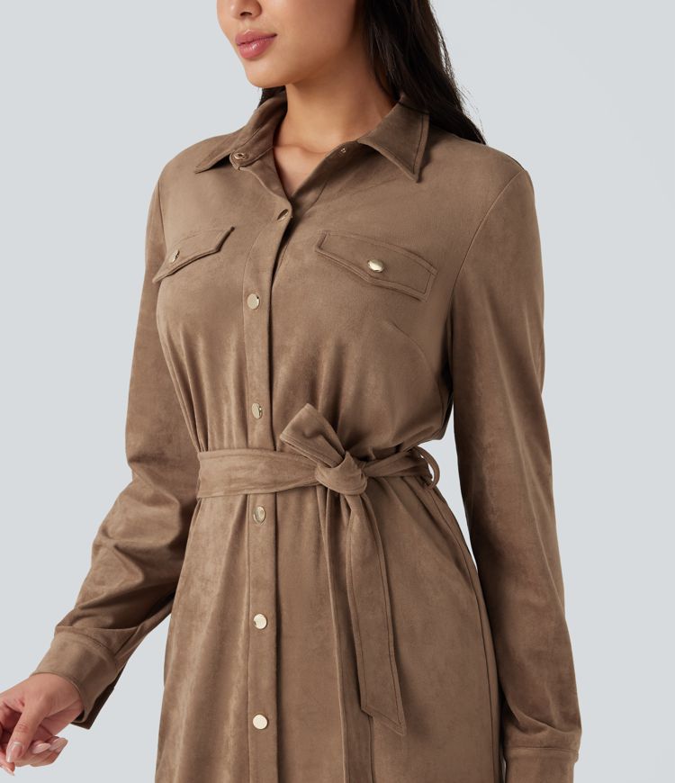 Long Sleeve Belted Suede Mini Casual Shirt Dress