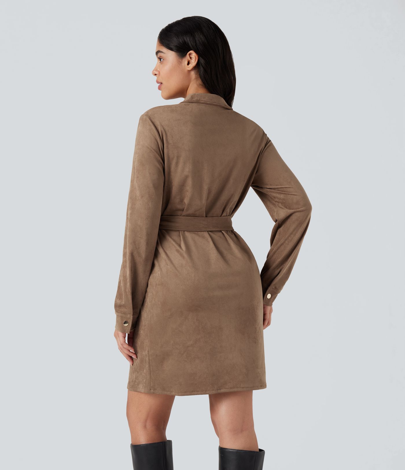 Long Sleeve Belted Suede Mini Casual Shirt Dress