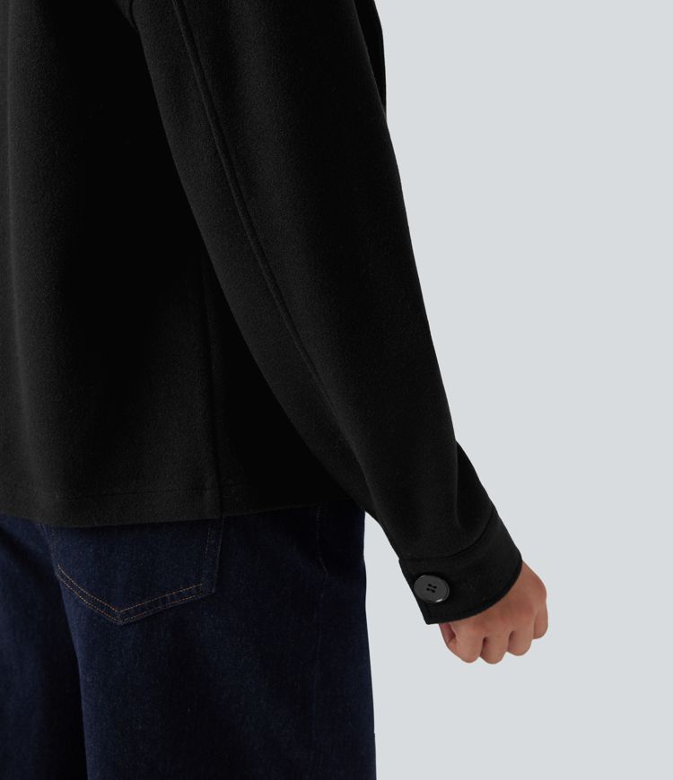 Lapel Long Sleeve Fleece Casual Coat with Pockets