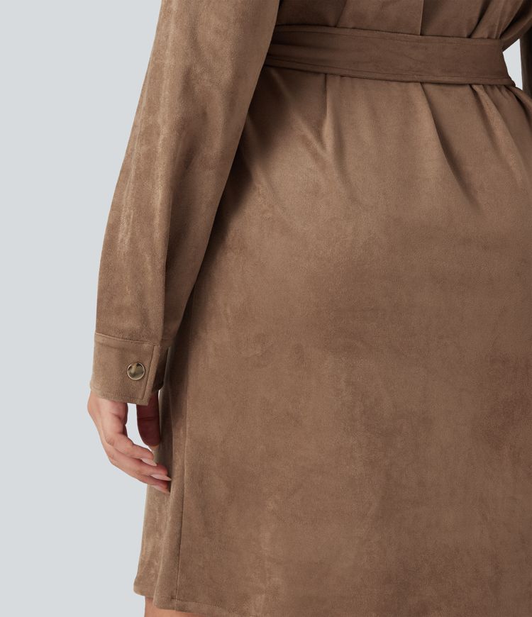 Long Sleeve Belted Suede Mini Casual Shirt Dress
