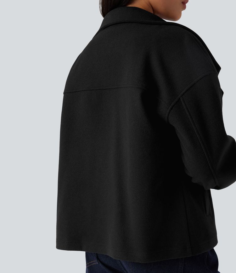 Lapel Long Sleeve Fleece Casual Coat with Pockets