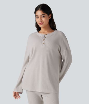 Henley Neck Long Sleeve Waffle Lounge Top Henley Neck Long Sleeve Waffle Lounge Top