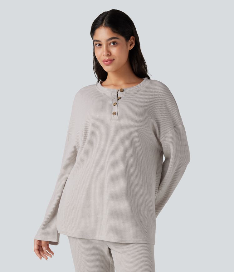 Henley Neck Long Sleeve Waffle Lounge Top Henley Neck Long Sleeve Waffle Lounge Top