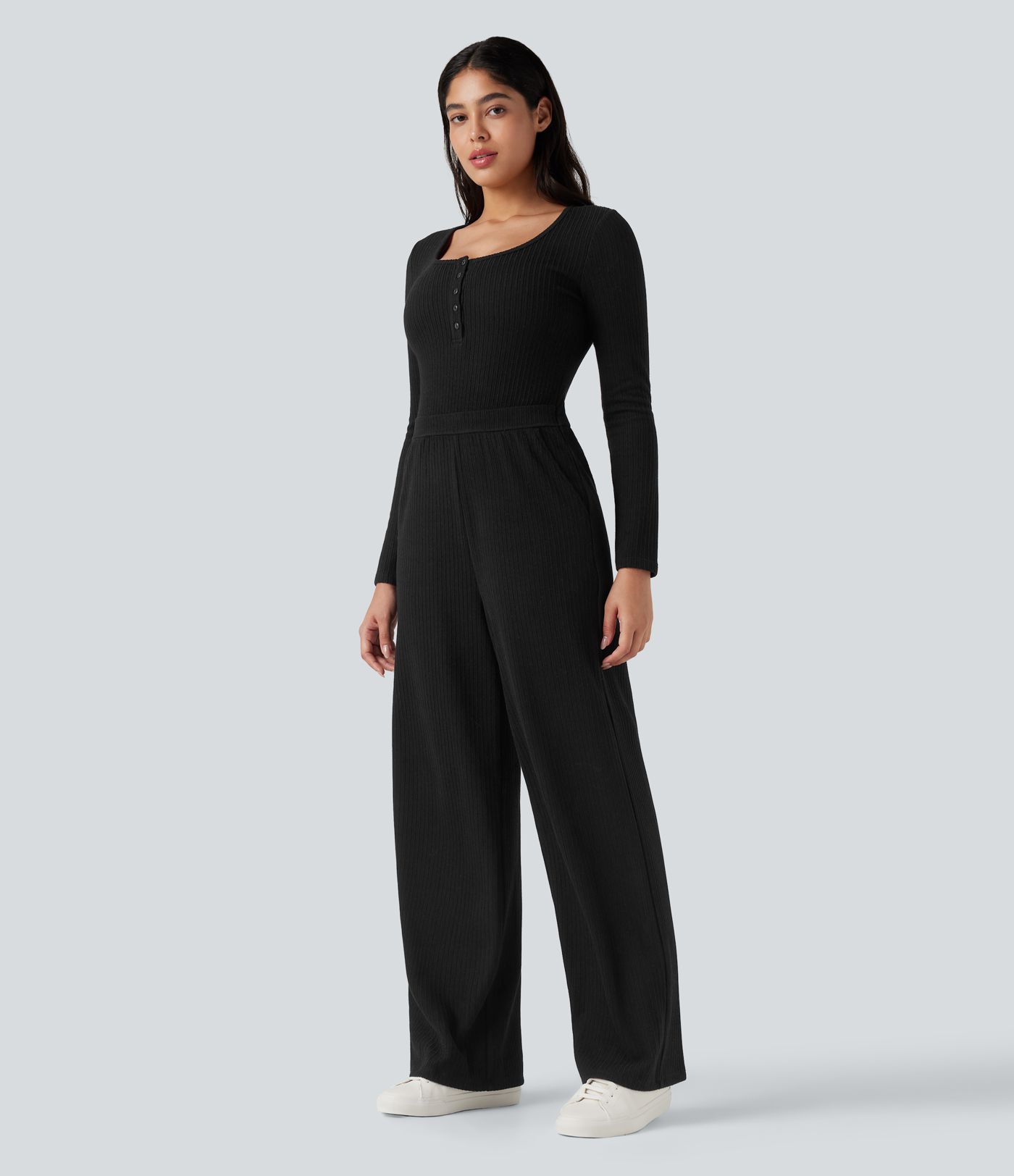 Ribbed Henley Long Sleeve Fleece Casual Jumpsuit with Pockets-Easy Peezy