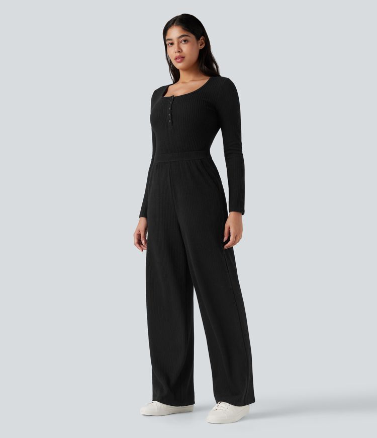 Ribbed Henley Long Sleeve Casual Jumpsuit with Pockets-Easy Peezy