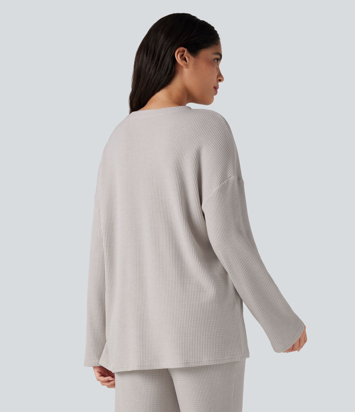 Henley Neck Long Sleeve Waffle Lounge Top