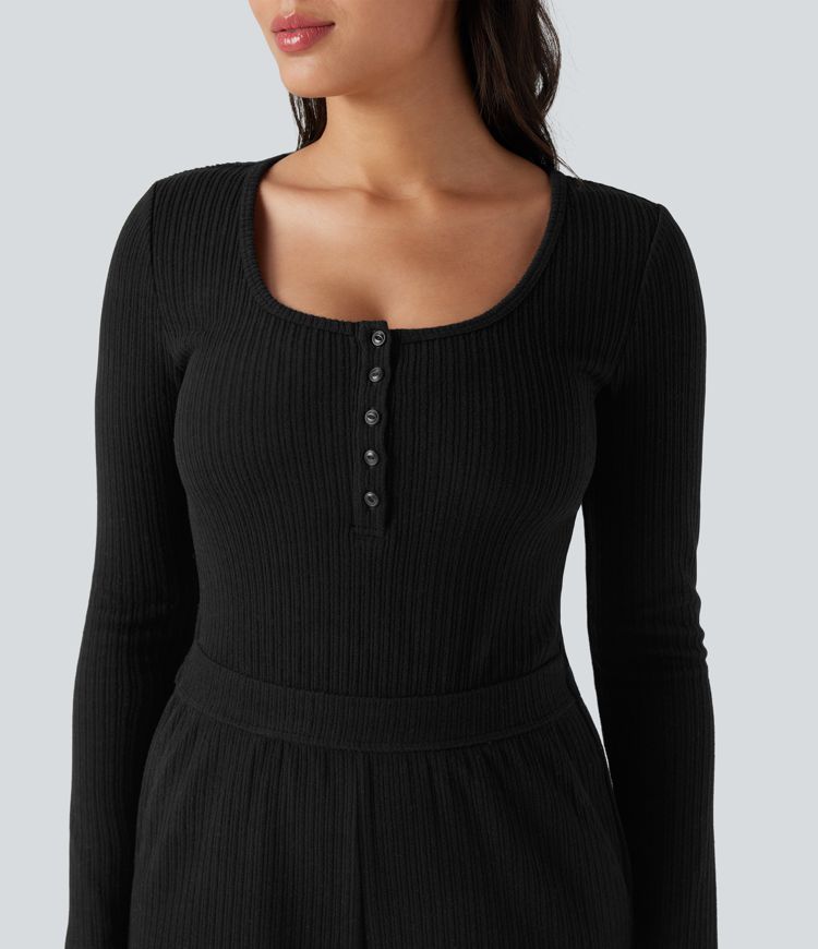 Ribbed Henley Long Sleeve Casual Jumpsuit with Pockets-Easy Peezy