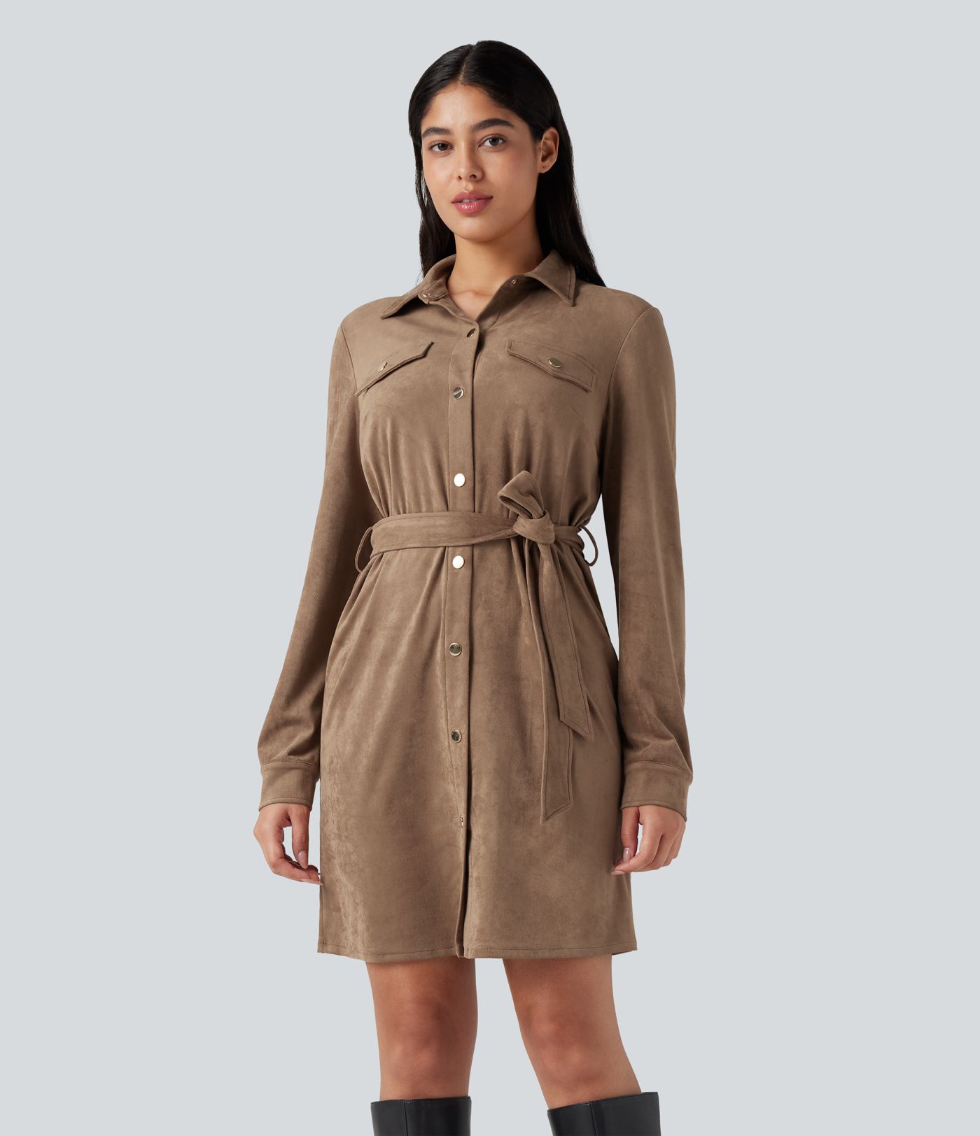 Long Sleeve Belted Suede Mini Casual Shirt Dress