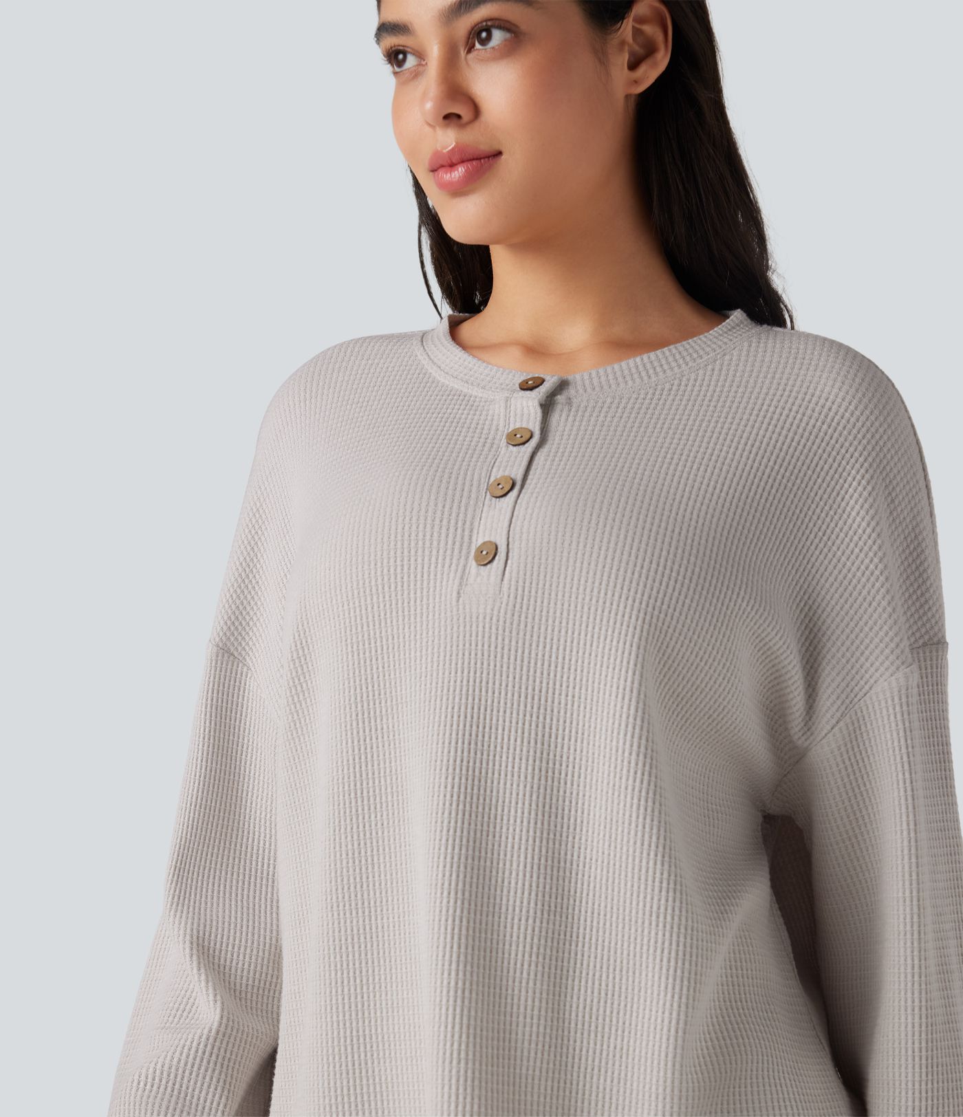 Henley Neck Long Sleeve Waffle Lounge Top