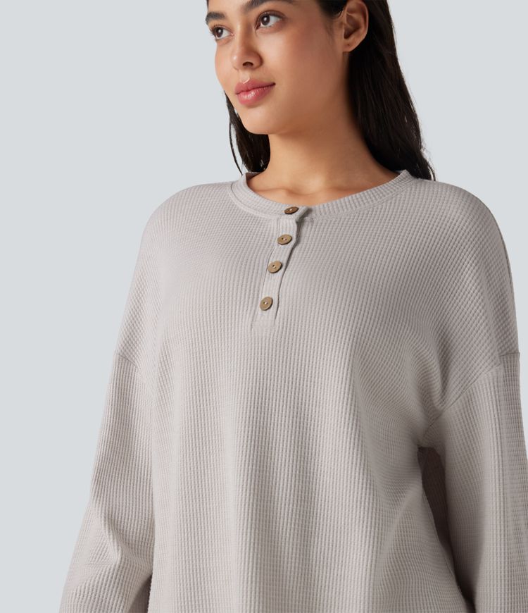 Henley Neck Long Sleeve Waffle Lounge Top