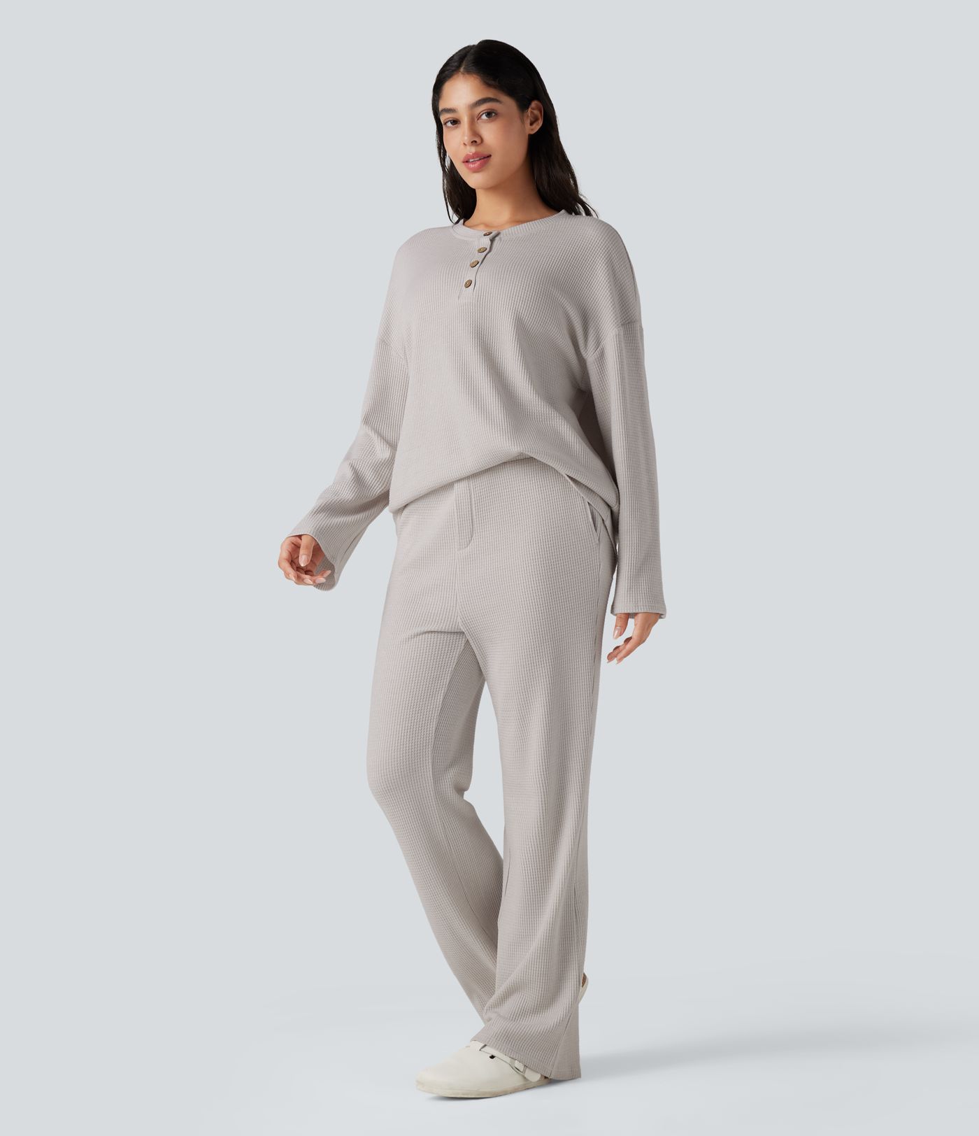 Henley Neck Long Sleeve Waffle Lounge Top