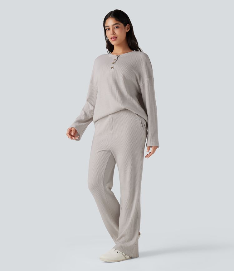 Henley Neck Long Sleeve Waffle Lounge Top