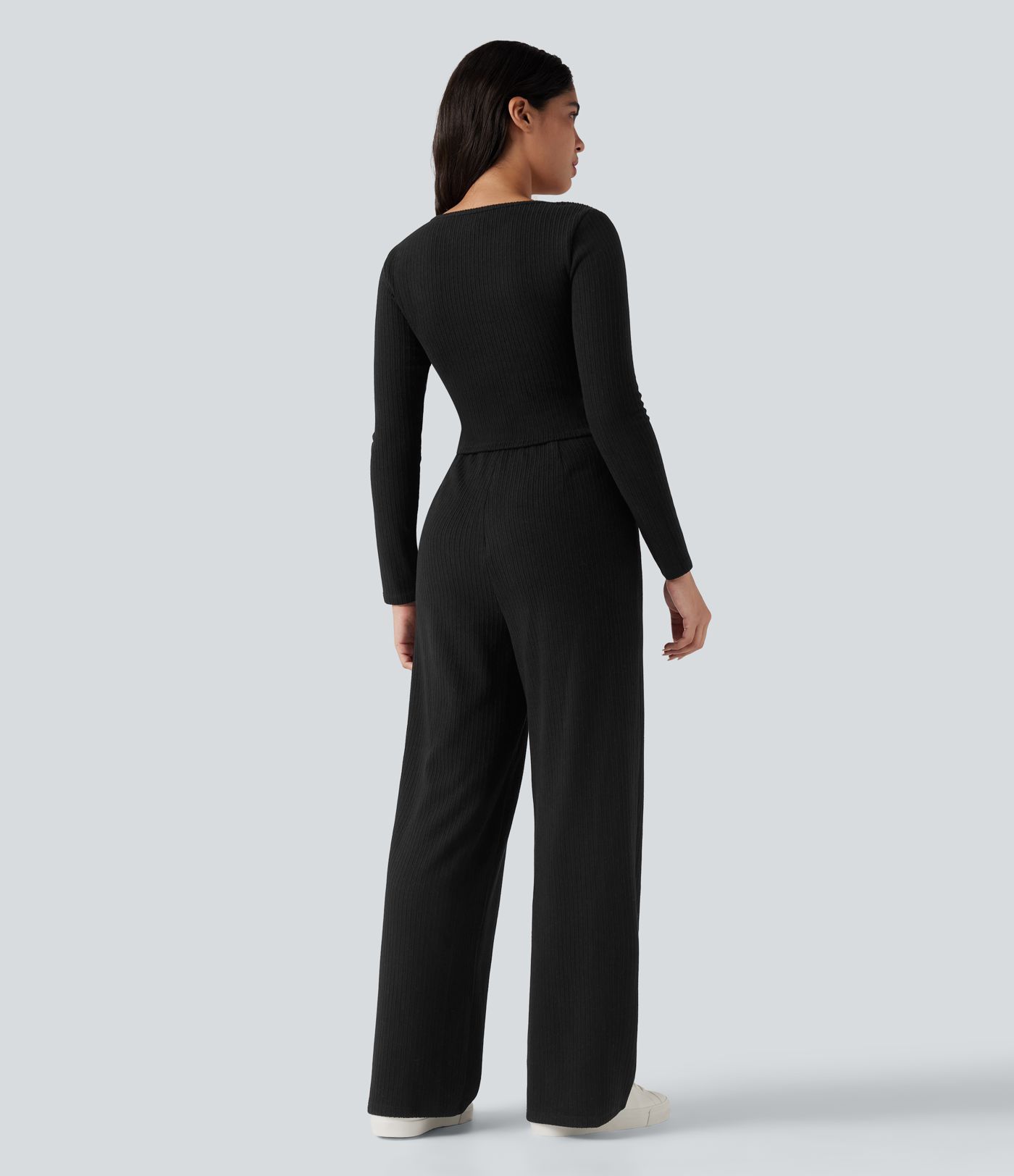 Ribbed Henley Long Sleeve Fleece Casual Jumpsuit with Pockets-Easy Peezy