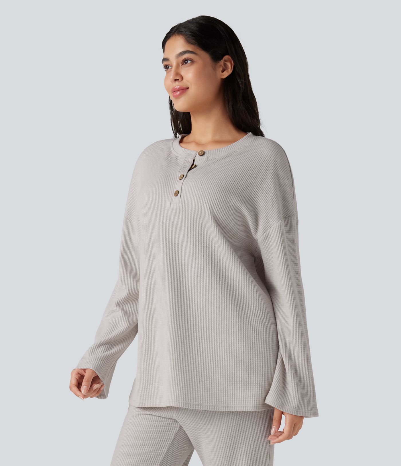 Henley Neck Long Sleeve Waffle Lounge Top