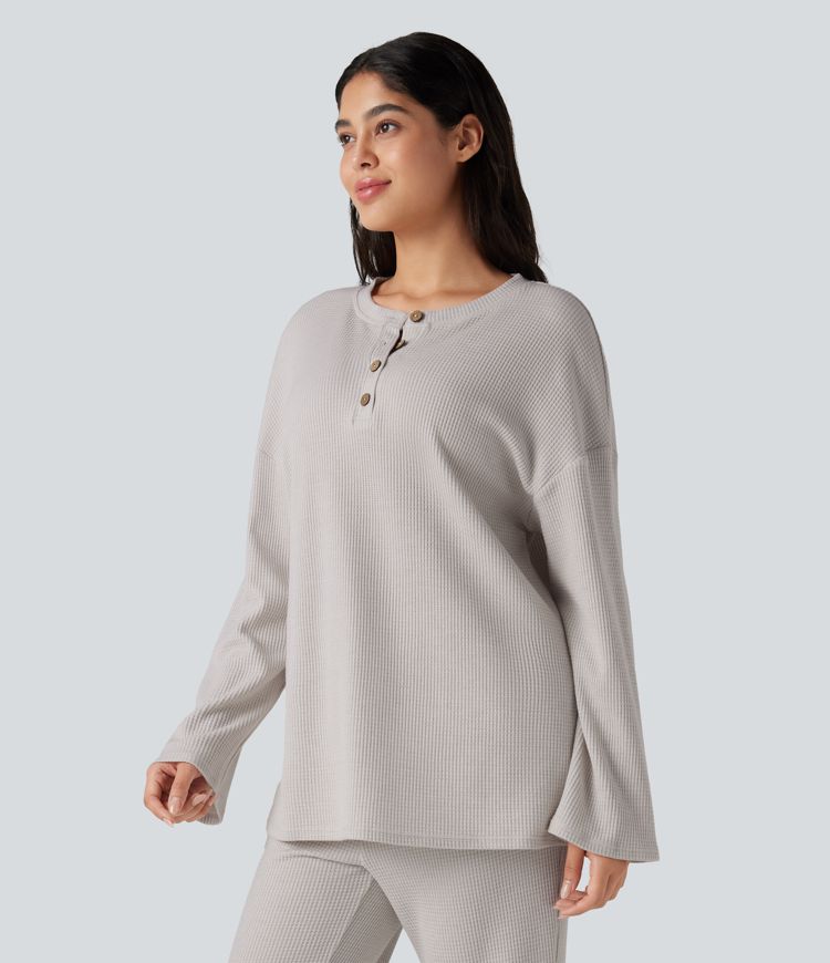 Henley Neck Long Sleeve Waffle Lounge Top
